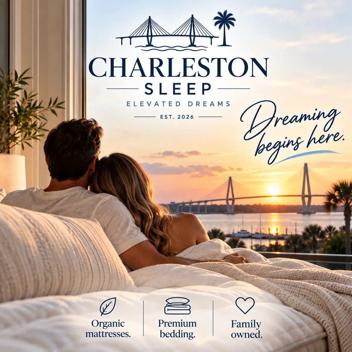 Charleston Sleep Dreaming begins here artwork overlooking the Ravenel Bridge in Charleston, South Carolina