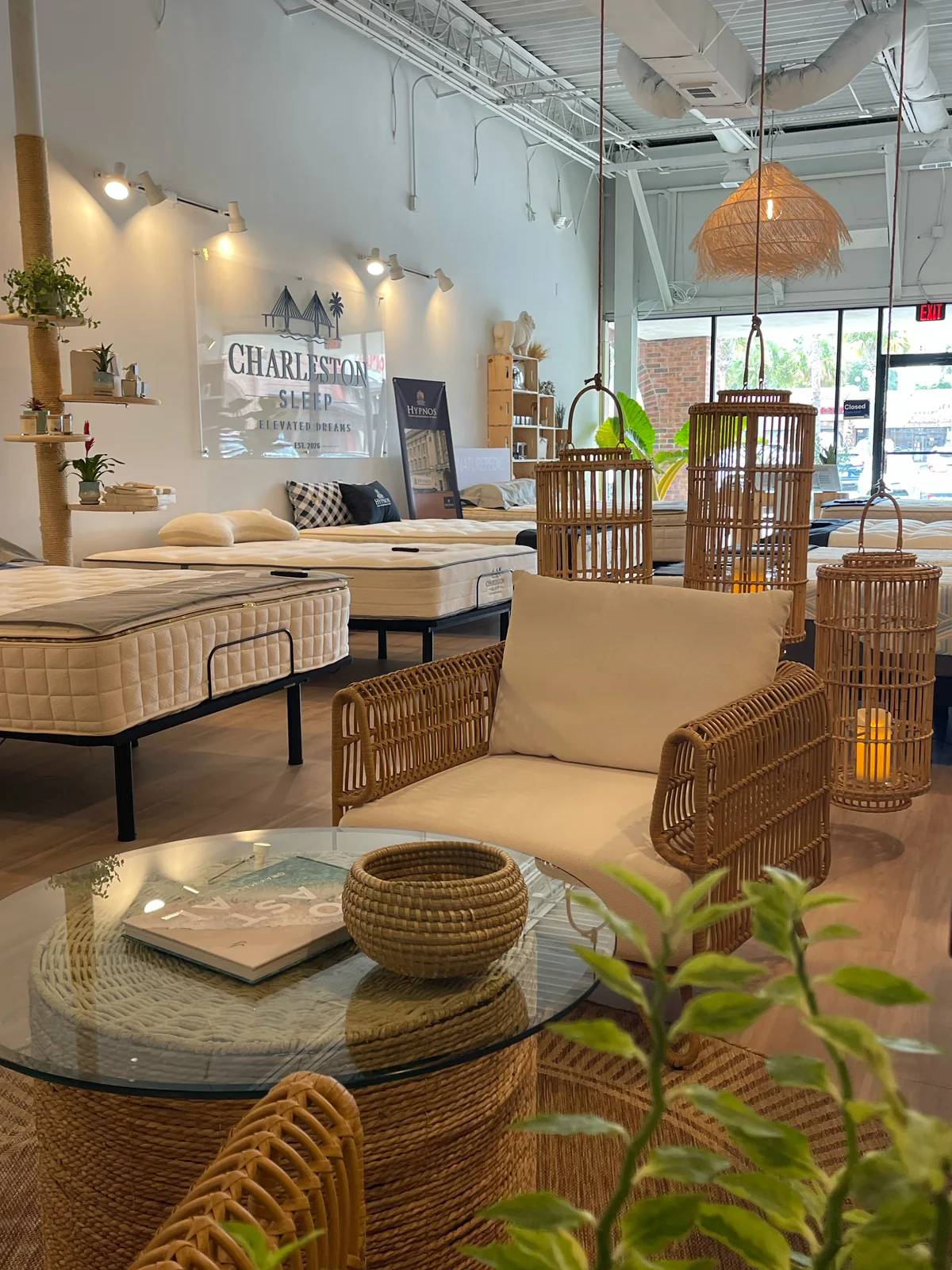 Charleston Sleep coastal boutique showroom interior with organic and premium mattresses in West Ashley, Charleston, SC