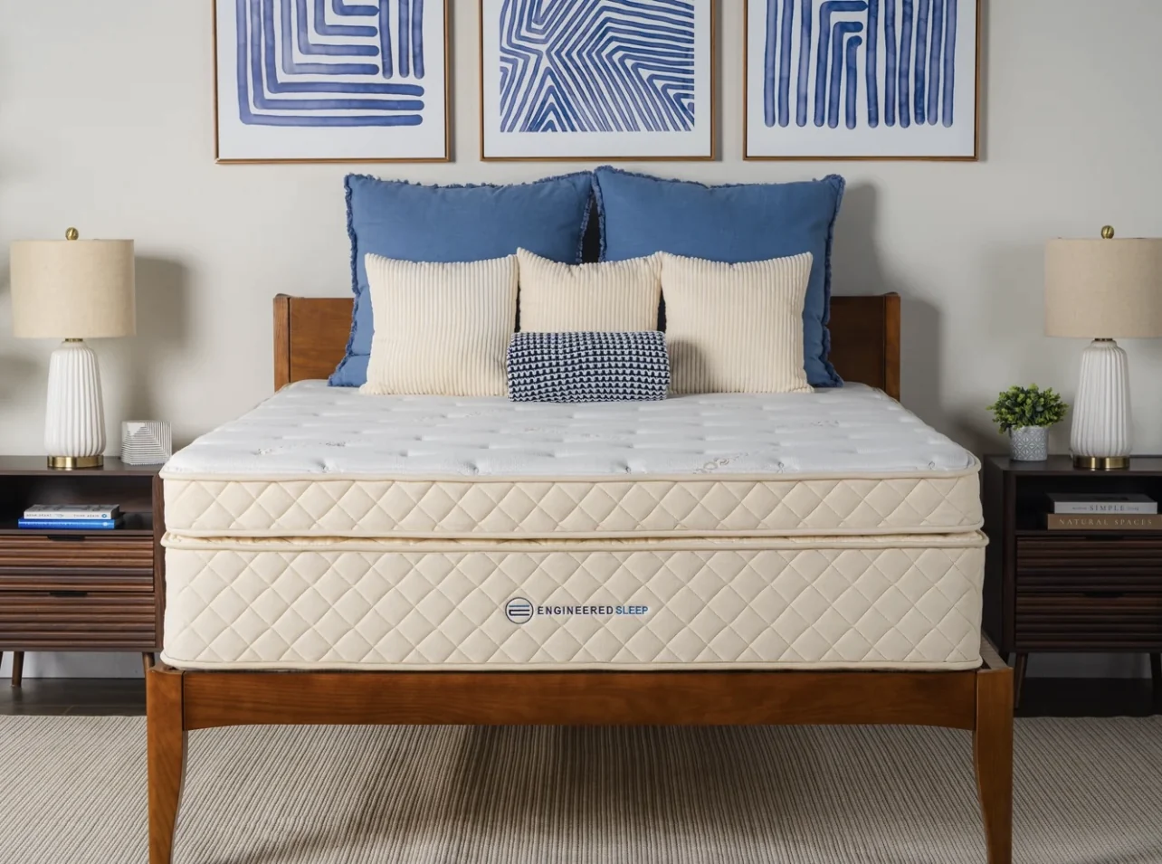 Engineered Sleep Duo Latex mattress on a wood bed frame with blue pillows