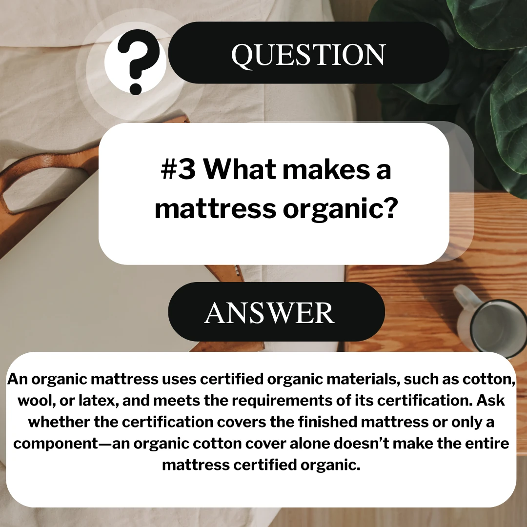 Question three guide explaining organic mattress materials and certification scope