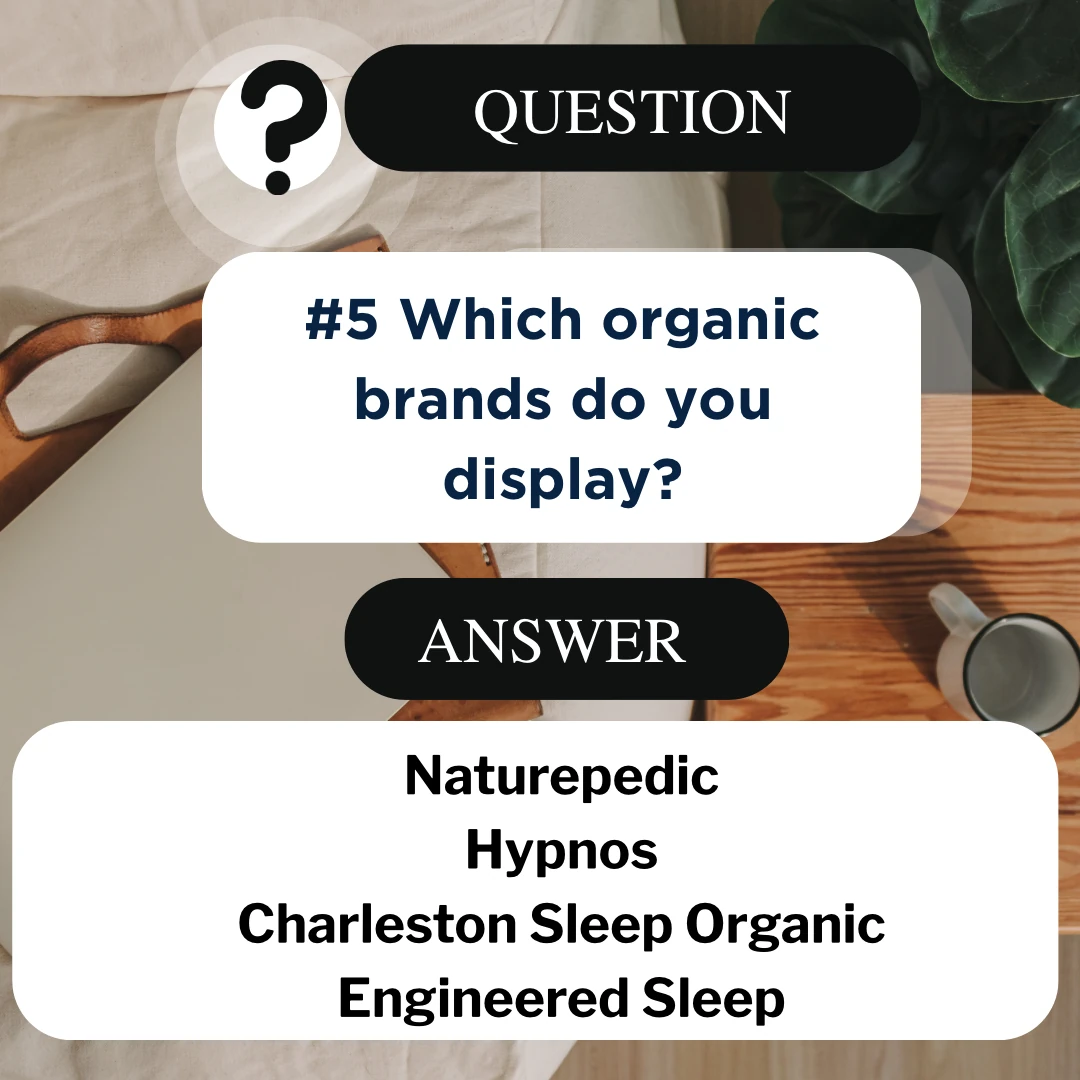 Question five guide listing organic mattress brands displayed at Charleston Sleep